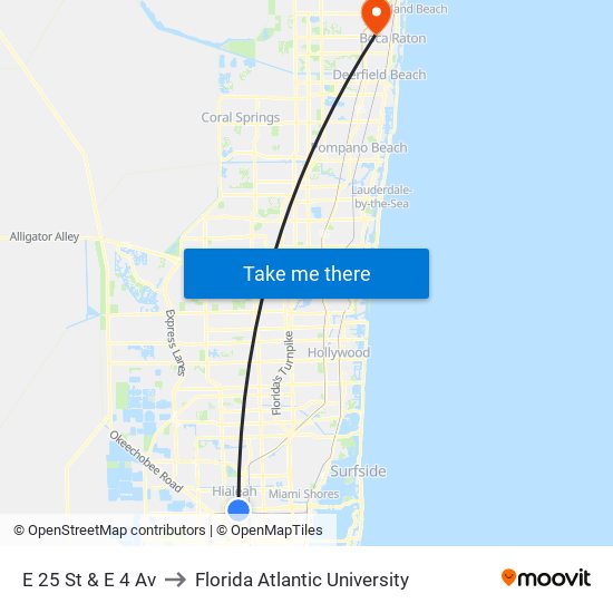 E 25 St & E 4 Av to Florida Atlantic University map