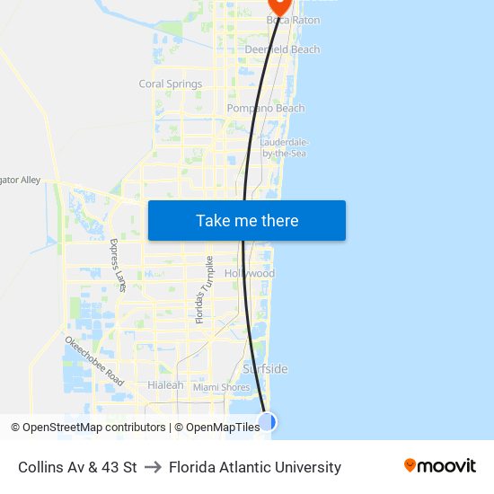 Collins Av & 43 St to Florida Atlantic University map