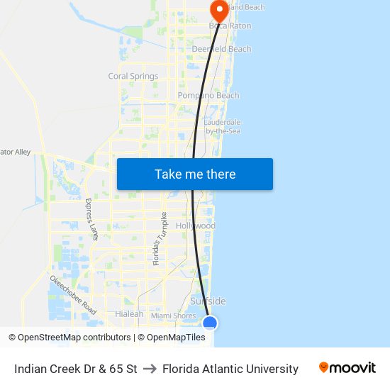 Indian Creek Dr & 65 St to Florida Atlantic University map