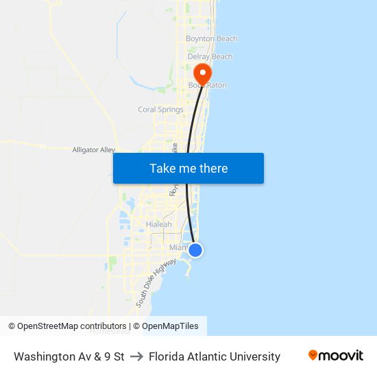 Washington Av & 9 St to Florida Atlantic University map