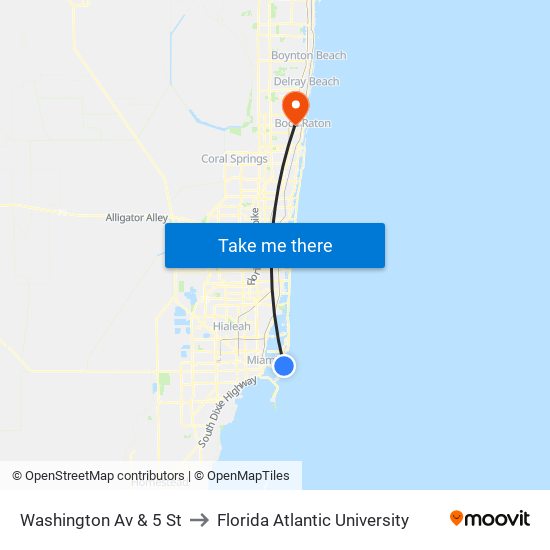 Washington Av & 5 St to Florida Atlantic University map