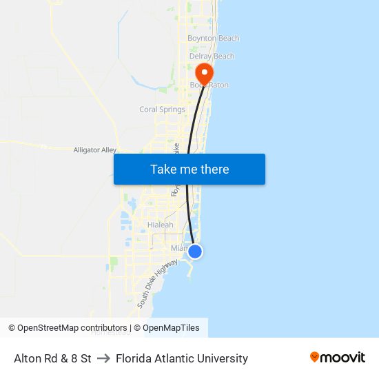 Alton Rd & 8 St to Florida Atlantic University map