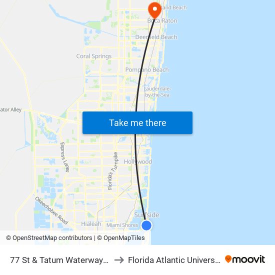 77 St & Tatum Waterway Dr to Florida Atlantic University map