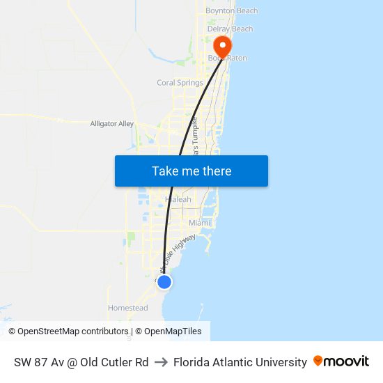 SW 87 Av @ Old Cutler Rd to Florida Atlantic University map