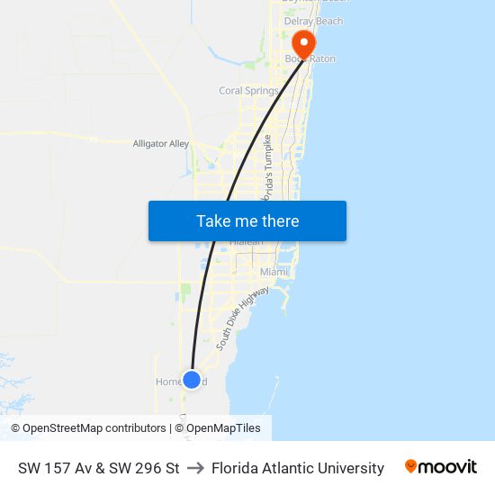 SW 157 Av & SW 296 St to Florida Atlantic University map