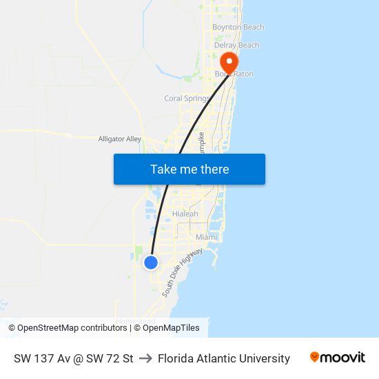 SW 137 Av @ SW 72 St to Florida Atlantic University map