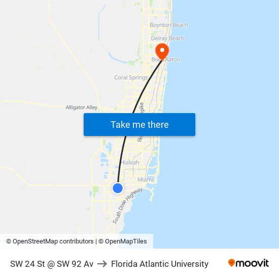 SW 24 St @ SW 92 Av to Florida Atlantic University map