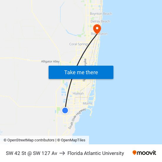 SW 42 St @ SW 127 Av to Florida Atlantic University map