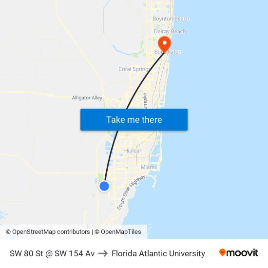SW 80 St @ SW 154 Av to Florida Atlantic University map