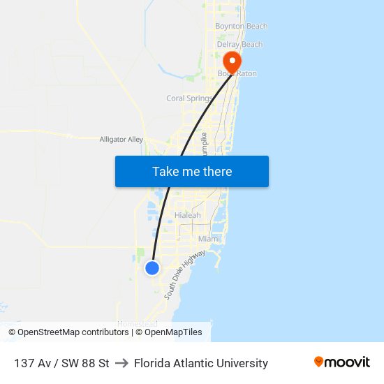137 Av / SW 88 St to Florida Atlantic University map