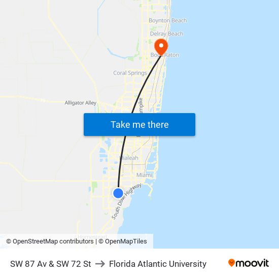 SW 87 Av & SW 72 St to Florida Atlantic University map