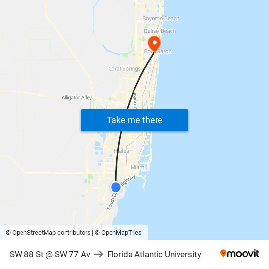 SW 88 St @ SW 77 Av to Florida Atlantic University map