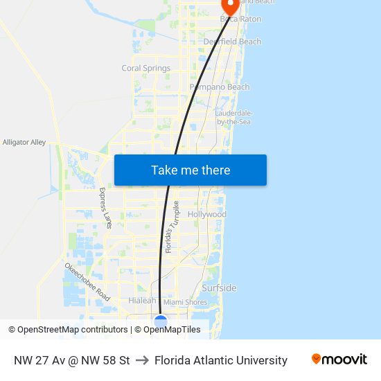 NW 27 Av @ NW 58 St to Florida Atlantic University map