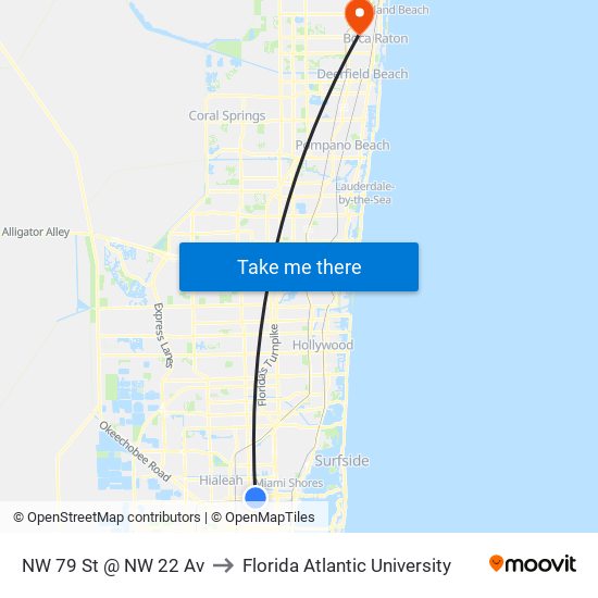 NW 79 St @ NW 22 Av to Florida Atlantic University map