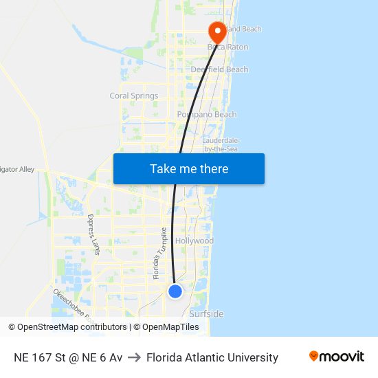 NE 167 St @ NE 6 Av to Florida Atlantic University map