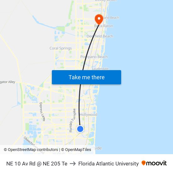 NE 10 Av Rd @ NE 205 Te to Florida Atlantic University map