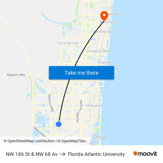 NW 186 St & NW 68 Av to Florida Atlantic University map