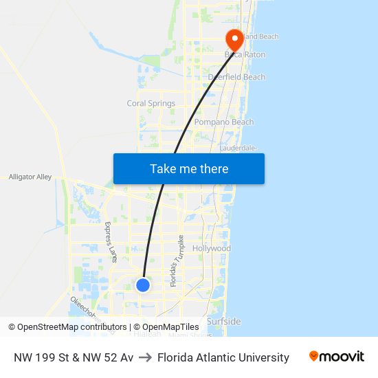 NW 199 St & NW 52 Av to Florida Atlantic University map