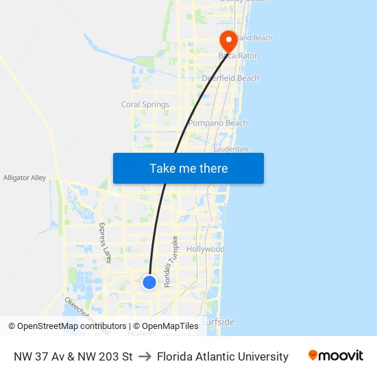 NW 37 Av & NW 203 St to Florida Atlantic University map