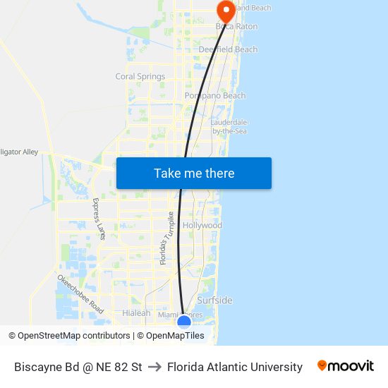 Biscayne Bd @ NE 82 St to Florida Atlantic University map