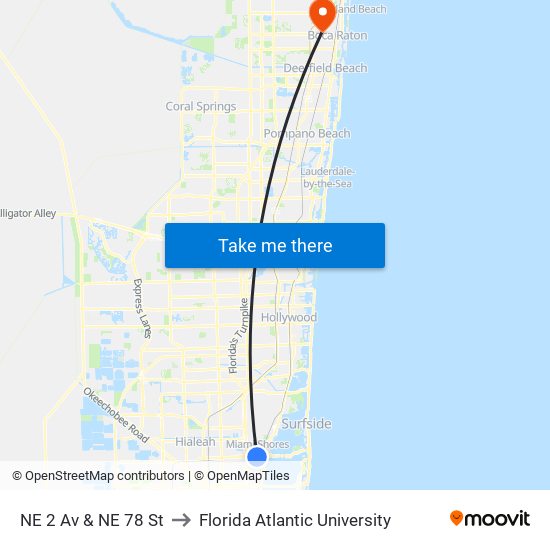 NE 2 Av & NE 78 St to Florida Atlantic University map