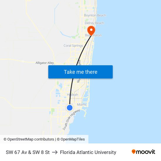 SW 67 Av & SW 8 St to Florida Atlantic University map