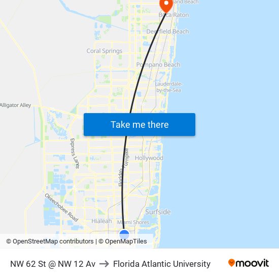 NW 62 St @ NW 12 Av to Florida Atlantic University map