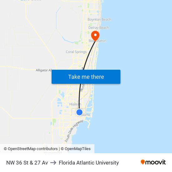 NW 36 St & 27 Av to Florida Atlantic University map