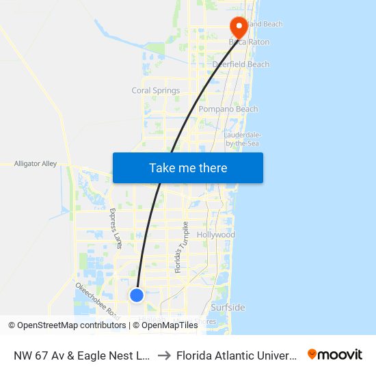 NW 67 Av & Eagle Nest Ln S to Florida Atlantic University map