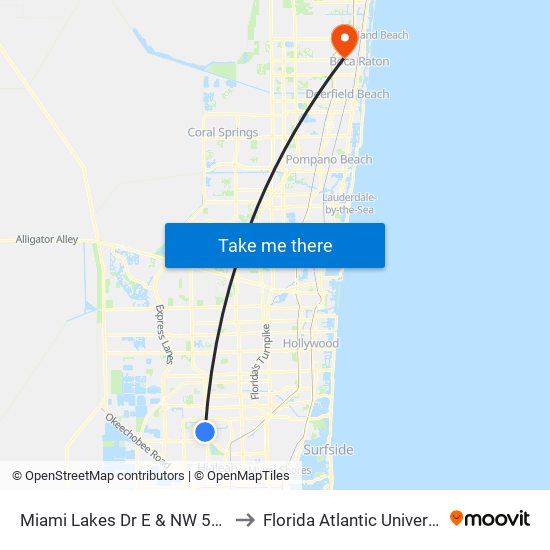 Miami Lakes Dr E & NW 57 Ct to Florida Atlantic University map