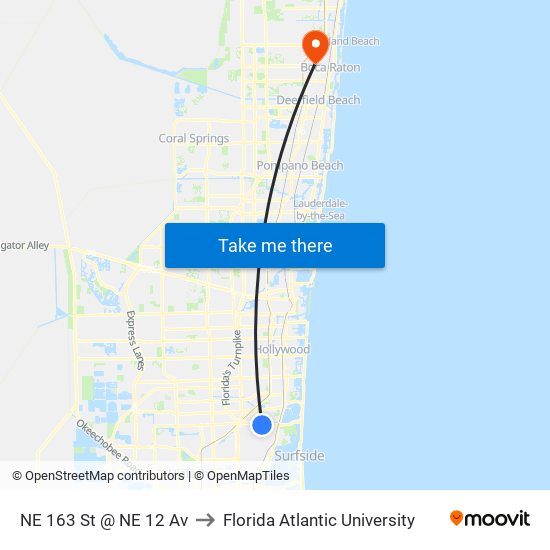 NE 163 St @ NE 12 Av to Florida Atlantic University map