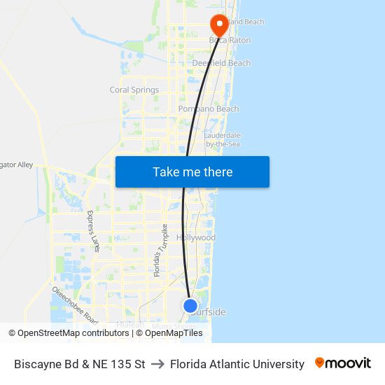 Biscayne Bd & NE 135 St to Florida Atlantic University map