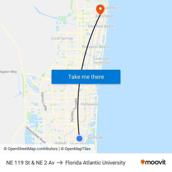 NE 119 St & NE 2 Av to Florida Atlantic University map