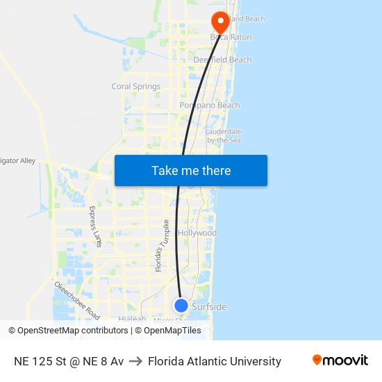 NE 125 St @ NE 8 Av to Florida Atlantic University map