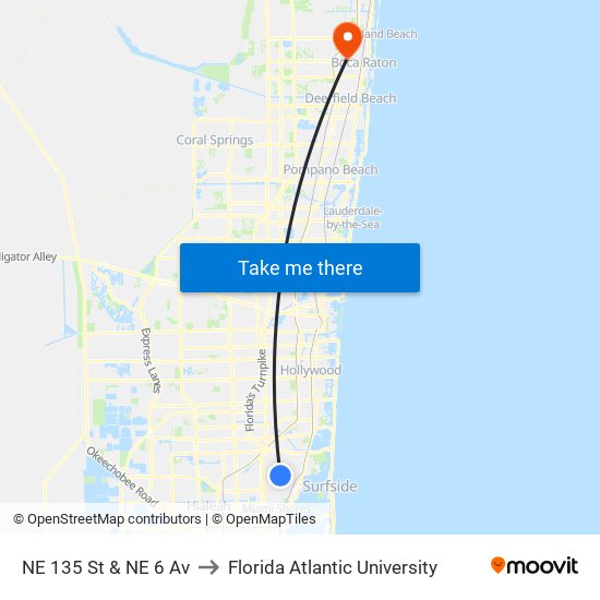 NE 135 St & NE 6 Av to Florida Atlantic University map