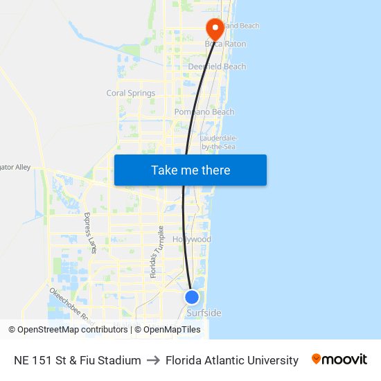 NE 151 St & Fiu Stadium to Florida Atlantic University map