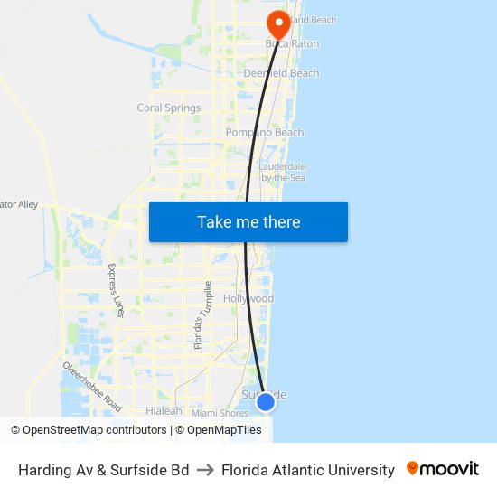 Harding Av & Surfside Bd to Florida Atlantic University map