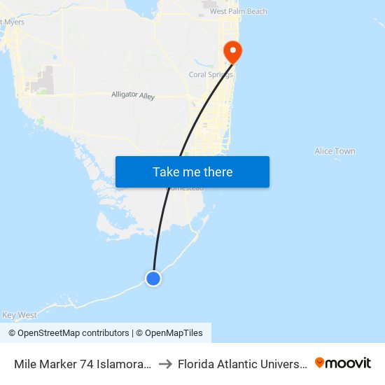 Mile Marker 74 Islamorada to Florida Atlantic University map