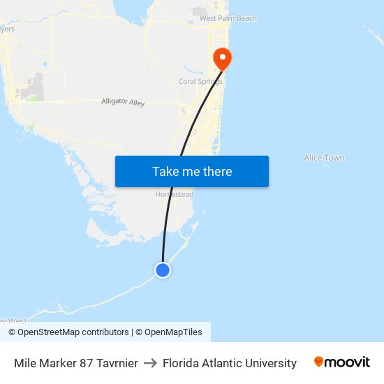 Mile Marker 87 Tavrnier to Florida Atlantic University map