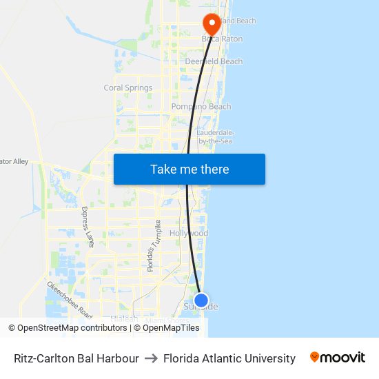 Ritz-Carlton Bal Harbour to Florida Atlantic University map