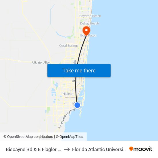 Biscayne Bd & E Flagler St to Florida Atlantic University map