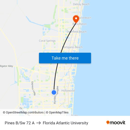 Pines B/Sw 72 A to Florida Atlantic University map