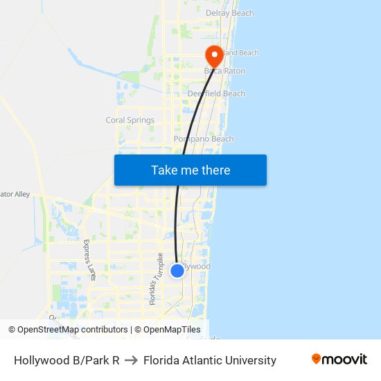 Hollywood B/Park R to Florida Atlantic University map