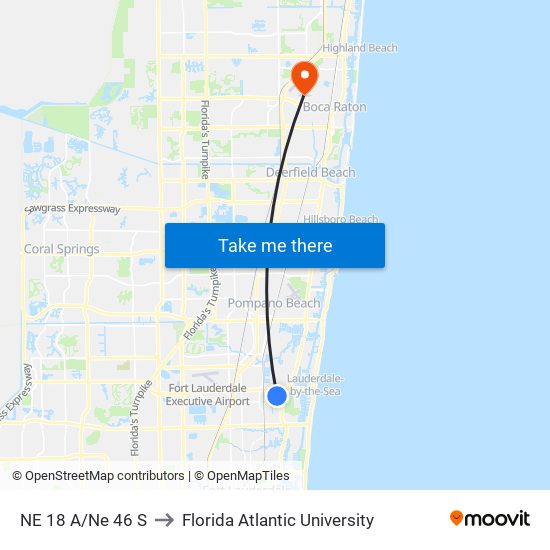 NE 18 A/Ne 46 S to Florida Atlantic University map