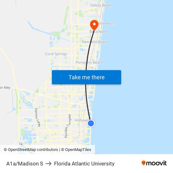 A1a/Madison S to Florida Atlantic University map