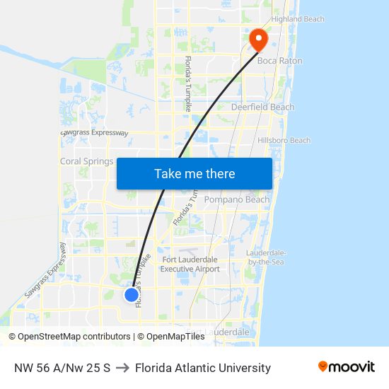 NW 56 A/NW 25 S to Florida Atlantic University map