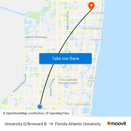 University D/Broward B to Florida Atlantic University map