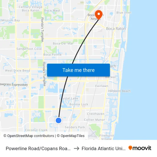 Powerline Road/Copans Road (North) to Florida Atlantic University map