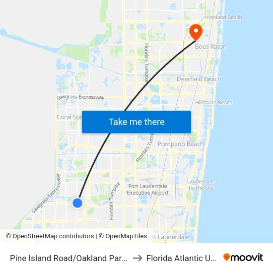 Pine Island Road/Oakland Park Boulevard to Florida Atlantic University map