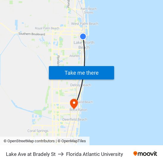 Lake Ave at Bradely St to Florida Atlantic University map